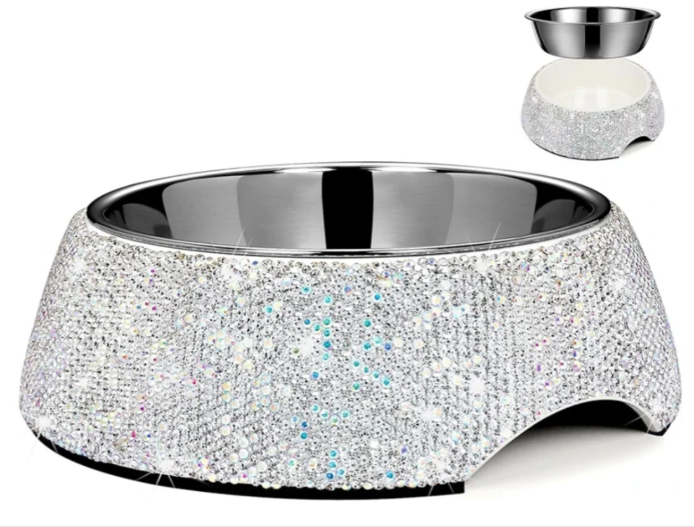 Rhinestone Pet Bowls, Bling Dog Cat Bowl Stainless Steel for Pets Food Water Dishes-2 Pack or single bowl
