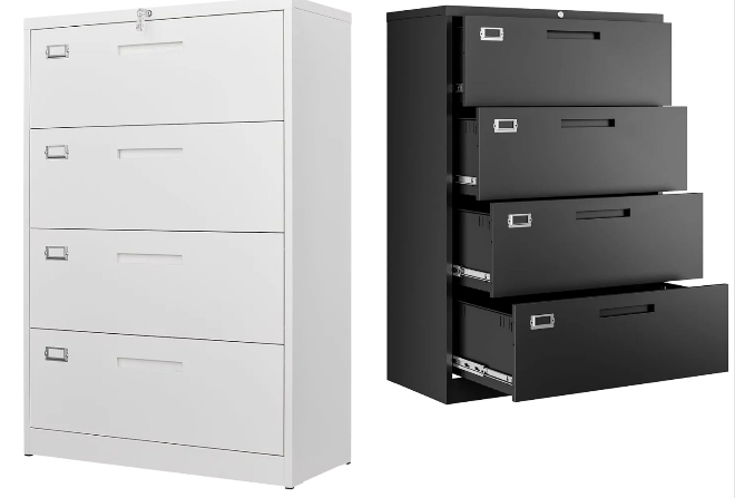 4 Drawer File Cabinet with Lock, Metal Lateral Filing Cabinet Wide Office Organization Storage for Home Office Hanging Letter/Legal/F4/A4 (White-Requires Installation