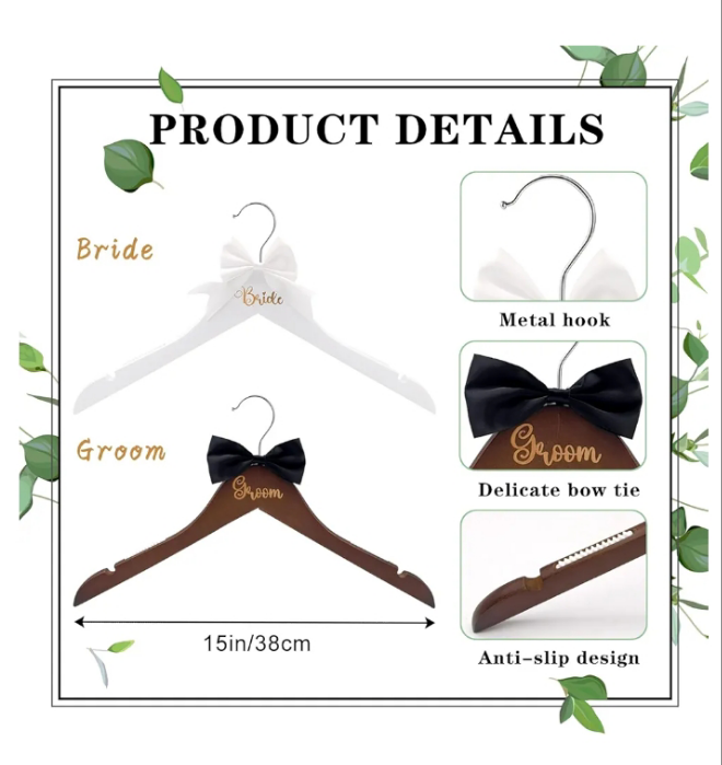2 Pcs Bride and Groom Wedding Dress Hanger Wooden Wedding Hanger with Bow Tie Mr and Mrs Hangers Bride to Be Wedding Dress Hanger Wooden Hangers Wedding Gift Bridal Party Shower Gift