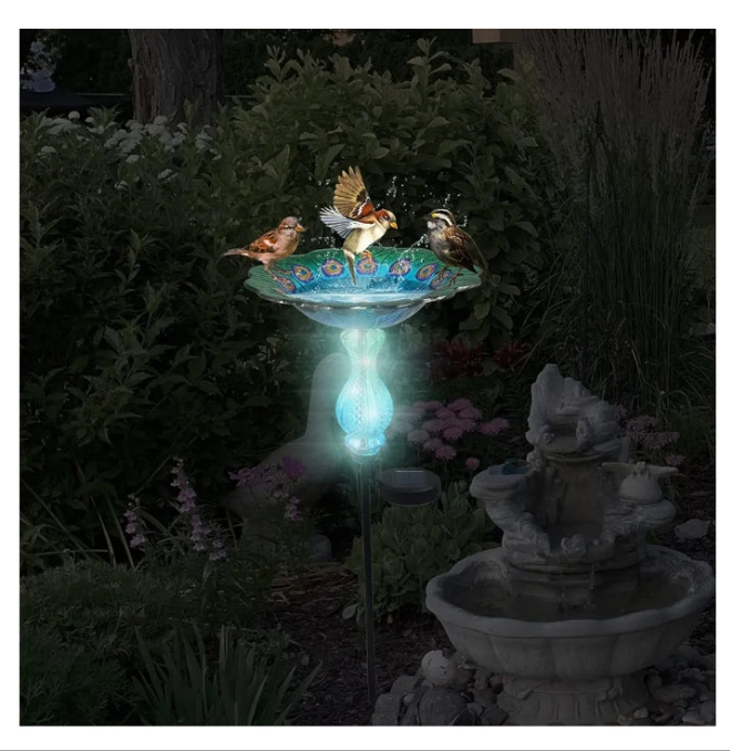 Peacock Bird Bath for Outdoor - Glass Bowl Solar Light Bird Baths Cage Outside Dish Bird Feeder with Metal Stake for Garden, Yard and Patio - 32 inches