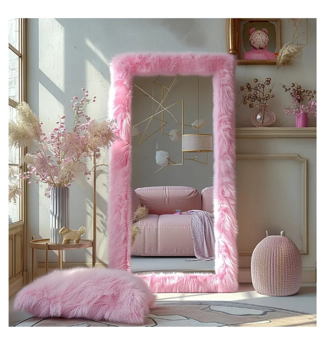 Full Length Mirror 63"x24" Free Standing Furry Floor Mirror Chic Pink Faux Fur Framed Wall Mounted Full Body Mirror Leaning Hanging Wall Mirror for Bedroom Entrance