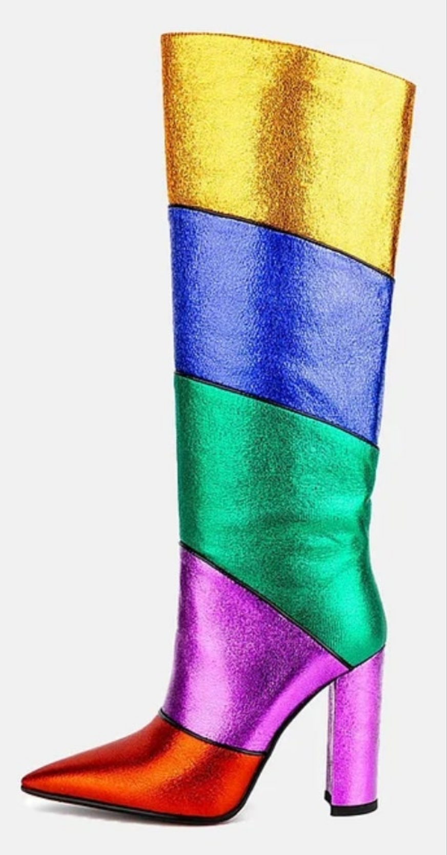 Metallic Colorblock Pointed Toe Chunky Heel Boots-Rainbow