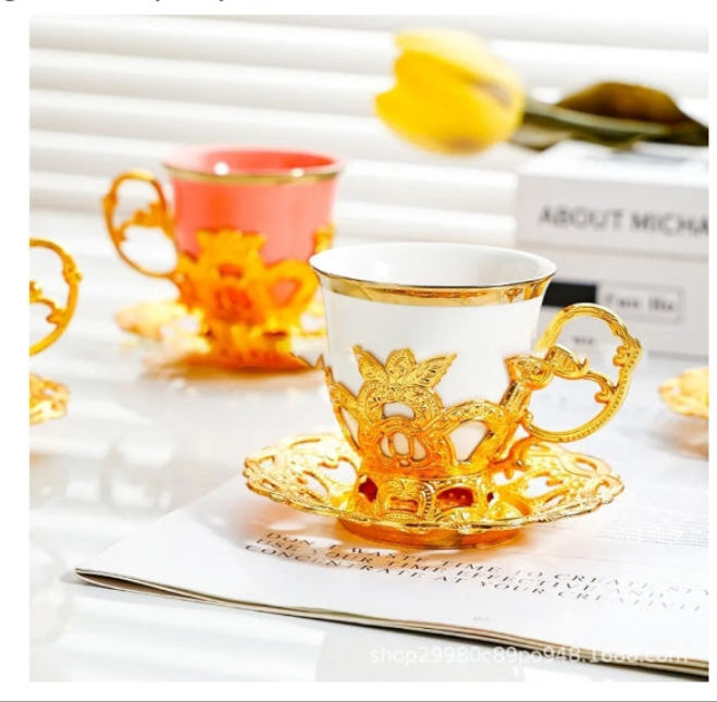 GOLD PLATED Ceramic Coffee Cup Dish Set Simple Gold Plated Mug-Pink 6 cups 6 plates