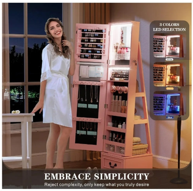 360°Swivel jewelry organizer with Full Length Mirror with Lights,Jewelry Armoire Cabinet Standing with Drawers,Large Mirror Storage for Jewelry and Makeup,Best