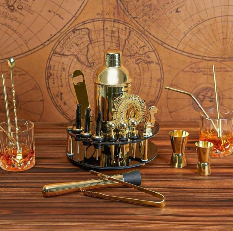 19-Piece Bar Set,Gold Cocktail Shaker Set For Drink Mixing:Stainless Steel Bar Tools With Rotating Stand,Professional Bartender Kit For Home Bars, Parties