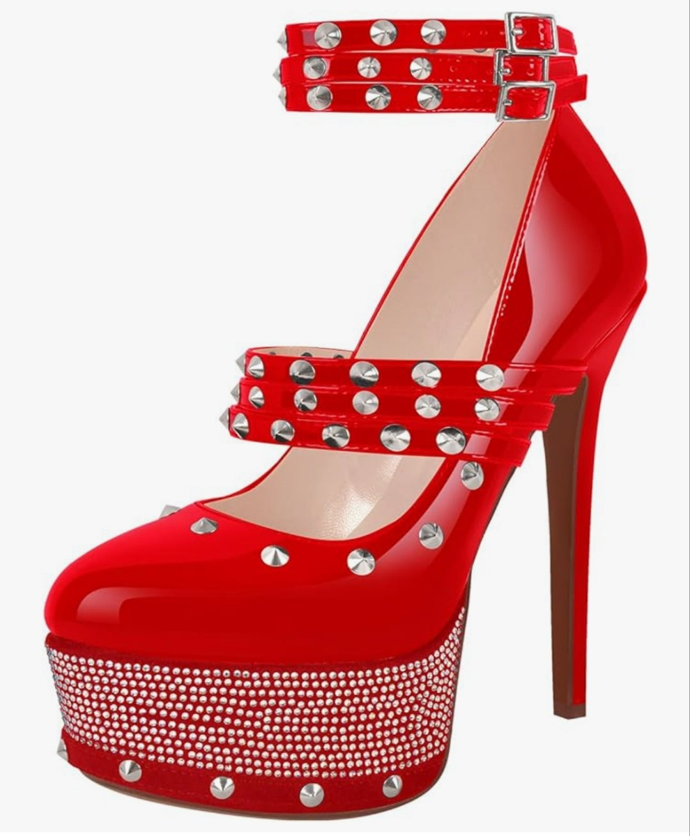 Close Toe Stiletto Platform Mary Jane Pumps for Women Triple Buckle up Rivet Studded Strappy Party Shoes