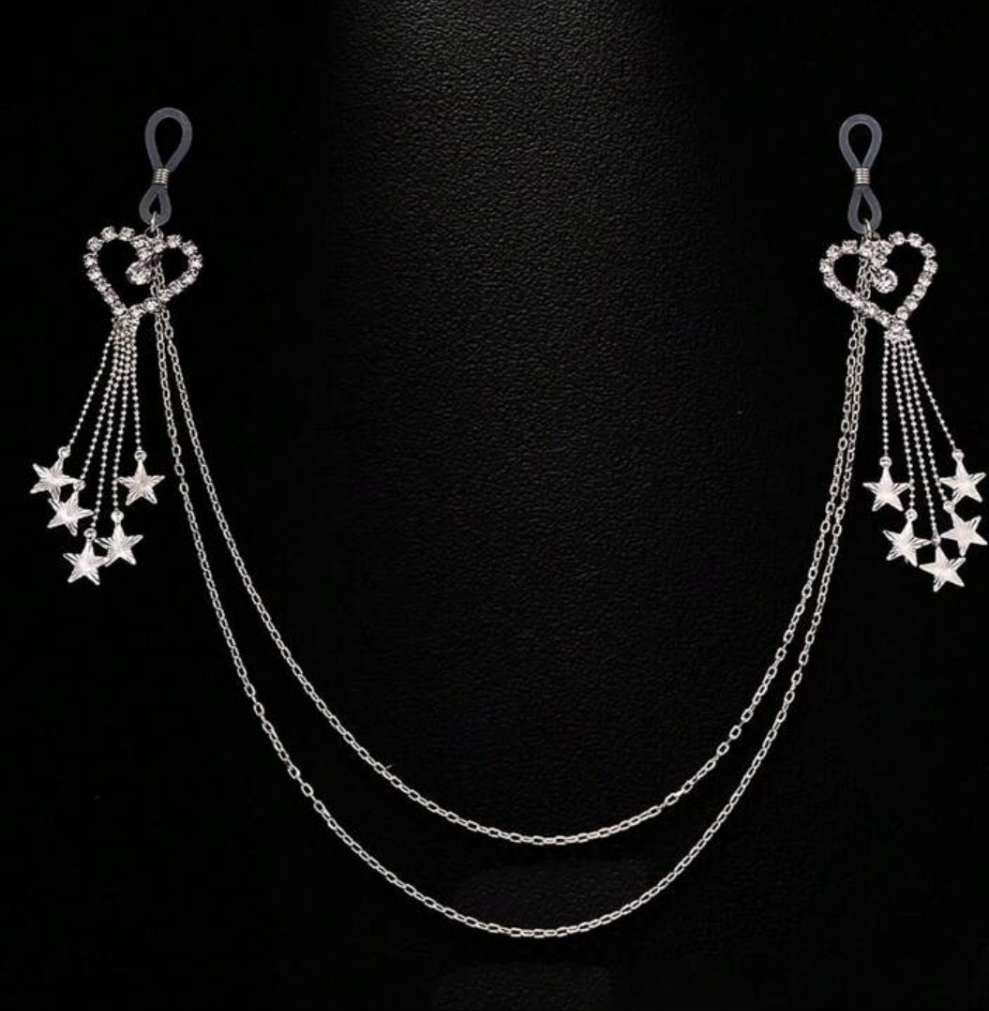 1pc Silver Sexy Crystal Hollow Heart & Metal Star Tassel Nipple Chain, Women Body Jewelry