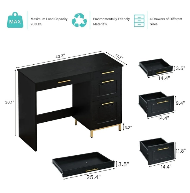 Desk with Drawers, 43” Home Office Desk with Storage, Golden Handle for Bedroom, Black and Gold Desk Study Writing Desk for Small Space