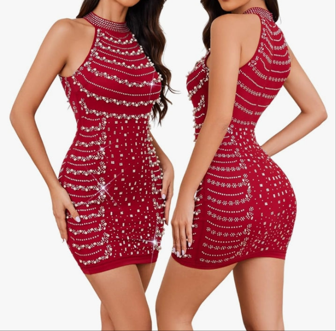 COCOMONEY SLEEVLESS RHINESTONE HALTER MINI DRESS