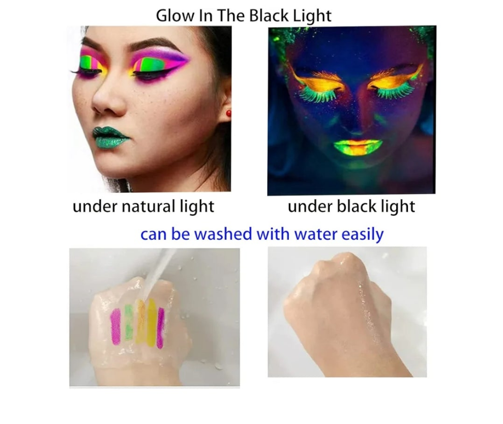12 PCS Glow Face Body Paint, Glow In The Dark Under UV Black Light Sticks Makeup Neon Face Painting Kits for Adult Halloween Festival Accessory Glow Party Supplies