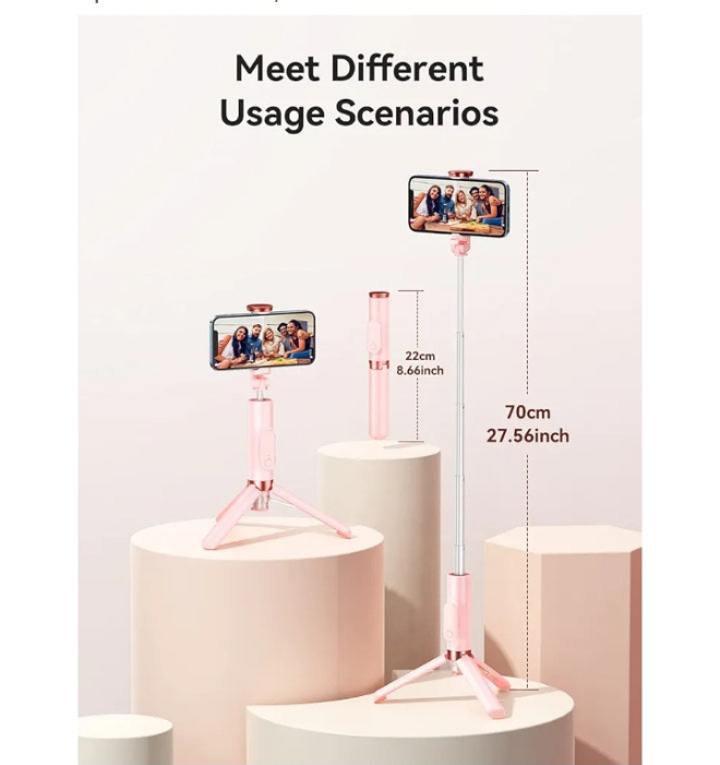 Extendable and Portable Phone Tripod Selfie Stick with Bluetooth Remote for iP 14 13 12 11 Pro Max Android Smartphone and More, Pink