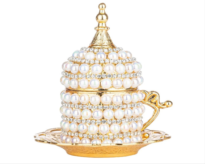 27 Pc Ottoman Turkish Greek Arabic Coffee Espresso Serving Set with Pearl Embellishments, Saucer and Sugar Dish (Silver)