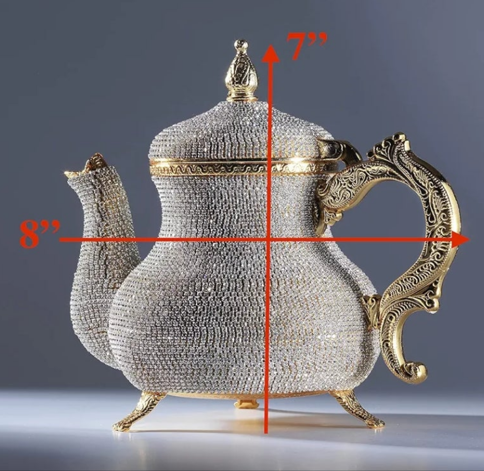 Gorgeous Handmade Gold Decorative Teapot Pitcher – Turkish Moroccan Arabic Style, Crystal Embellished, 2.6 lb, 8x7", Ornate Zamak Kettle for Home Décor & Display – Handmade in Turkey