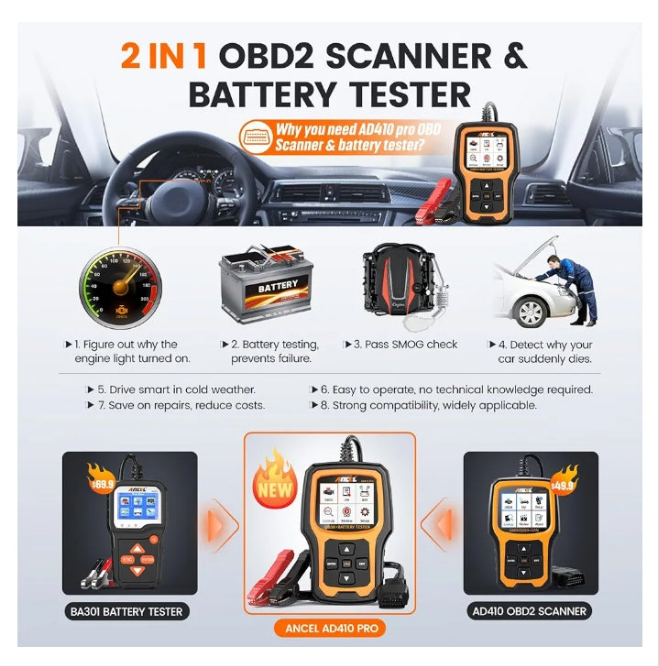 ANCEL AD410 Pro 2 in 1 OBD2 Scanner Battery Tester, OBD2 Scanner Diagnostic Tool for Car Check Engine Code Reader Scan Tool & 6V 12V 100-2000 CCA Battery Charging Cranking Test EVAP Live Data