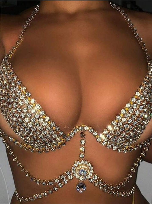 Gold-Plated, Rhinestone Simple And Luxurious Niche Chest Chain,