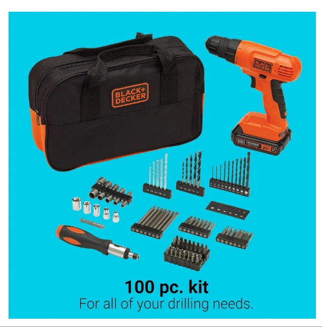 BLACK+DECKER 20V MAX* POWERCONNECT Cordless Drill Kit + 100 pc. Kit (BDC120VA100), Orange