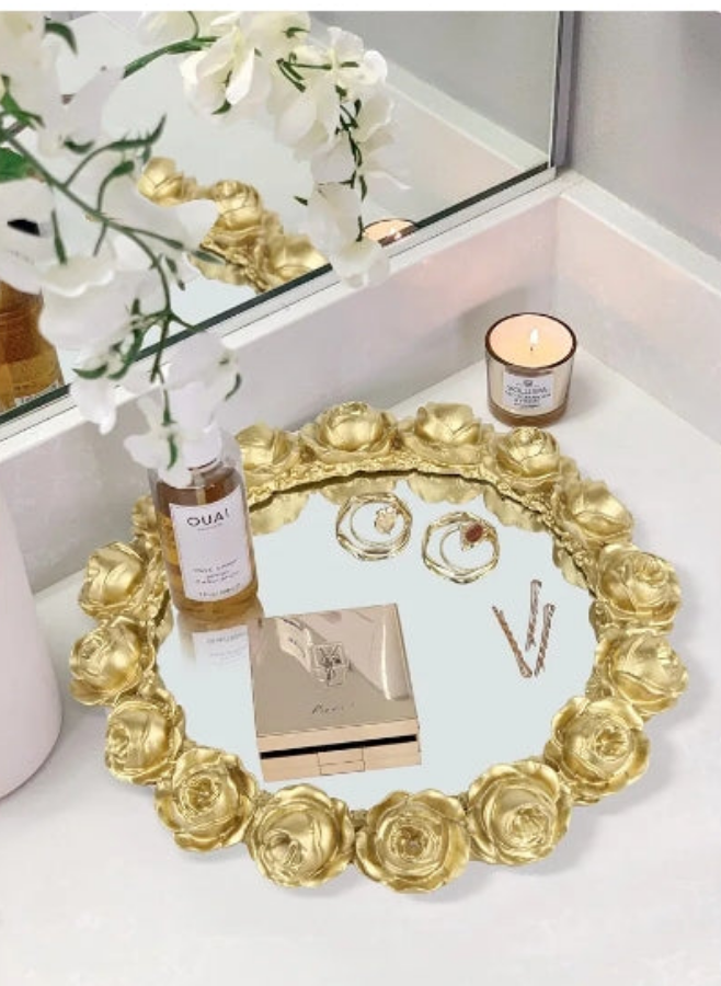 Decorative Round Mirror Tray Bathroom Vanity Tray with Gold Resin Rose for Perfume,Jewelry and Makeup