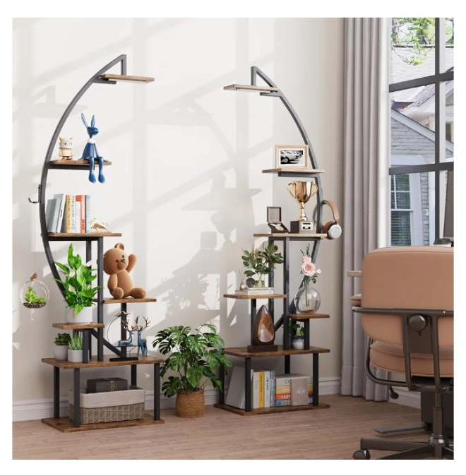 Tall Bookshelf with Lights, 2 Pack Ladder Bookcase, 7 Tier Arched Home Office Storage Book Collectibles Shelves, 64" Modern Corner Display Shelf for Bedroom Living Room Balcony, Rustic Brown