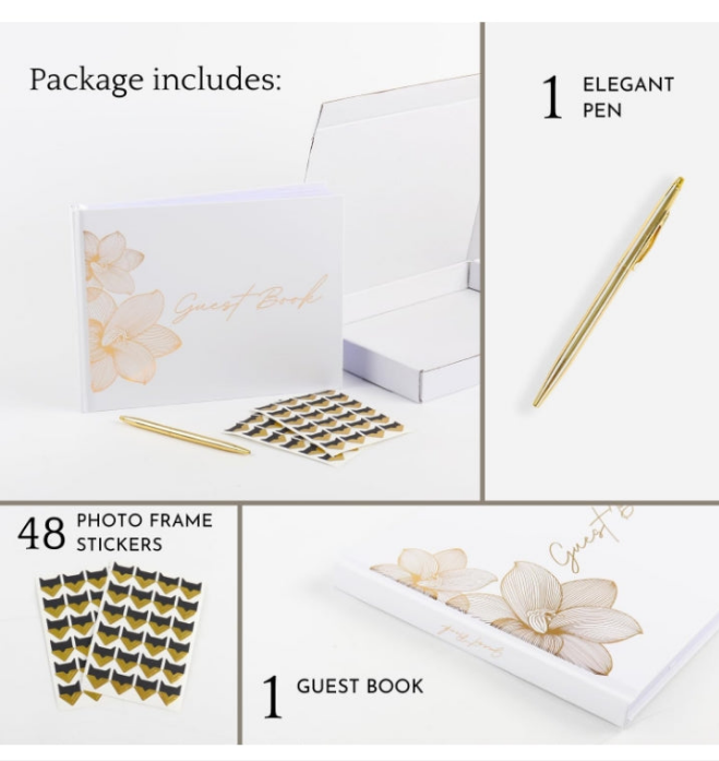 Guest Book Wedding For Reception Classic Quality Guest Book Sign, Party, Baby Shower & Funeral, Includes Attractive Gold Pen,100 Blank Pages for Guest Signatures, Polaroid Photos & Memories