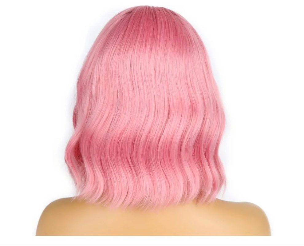 Wigs with Bangs for Women Loose Wavy Wig Pastel Wavy Shoulder Length Bob Synthetic Cosplay Wig for Girl Colorful Costume Wigs (Pink)