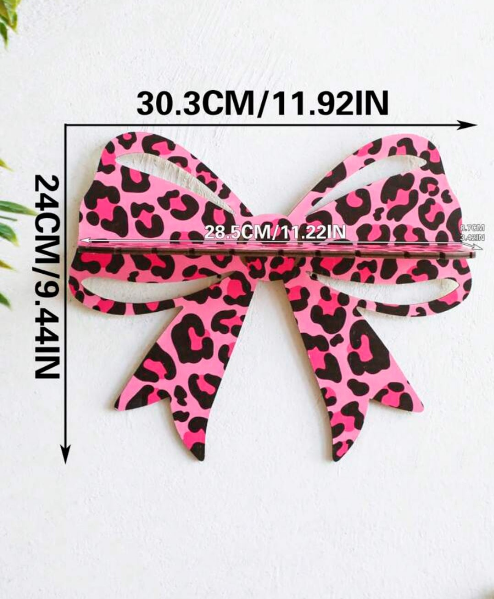 2pc Leopard Bow Wall Shelf – Wooden Crystal Display Stand With Hooks, Decorative Hanging Jewelry Holder For Bedroom, Living Room, Or Vanity, Leopard Print Design,Home Decor ,Room Decor,Wall Decor