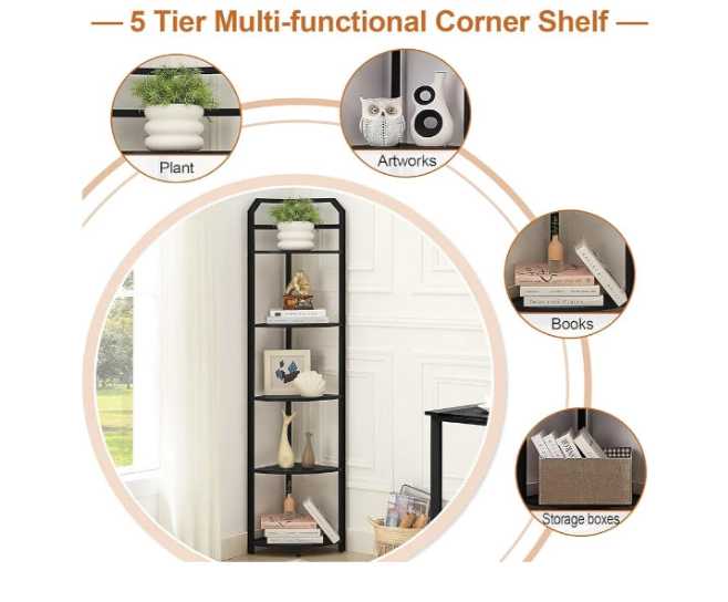 Corner Shelf, 5-Tier Industrial Corner Bookshelf, Freestanding Corner Shelf Stand with Metal Frame, Open Corner Plant Stand for Small Space, Home Office, Living Room, Bedroom,