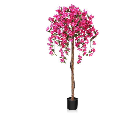 5FT Artificial Tree Tall Potted Fake Bougainvillea Trees for Outdoor Indoor Office Wedding Home Decor Lifelike Faux Plants with Wood Trunk and Pink Flowers with random color planter pot black or white