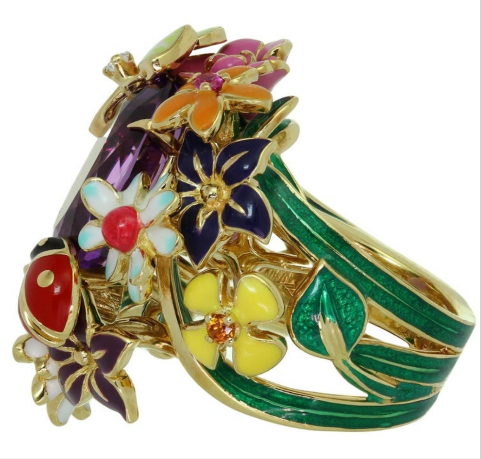 CHRISTIAN DIOR Diorette Amethyst Diamond Gemstone Yellow Gold Large Ring 19k White Gold