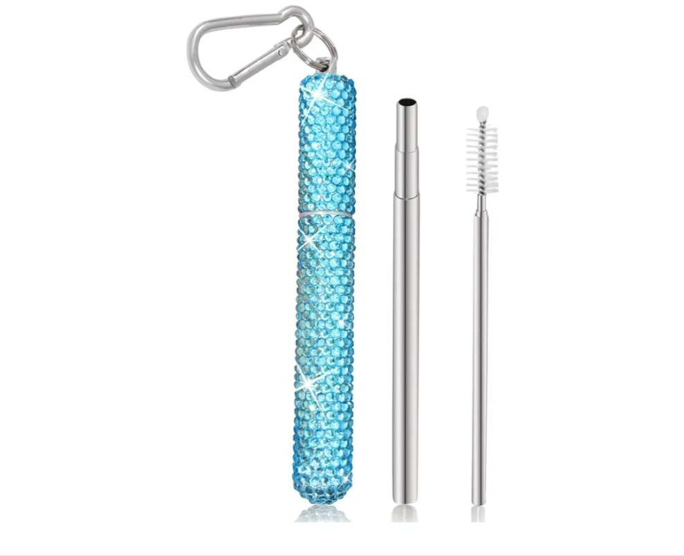 1 Pack Rhinestone Collapsible Stainless Steel Straw, Portable Straw with Cleaning Brush, Metal Reusable Drinking Straw with Bling Case for Travel(Iridescent)