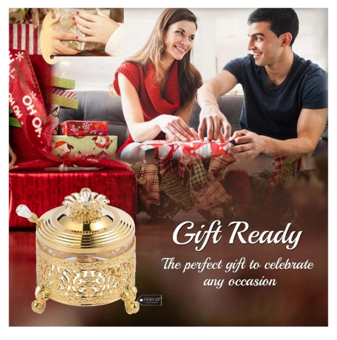24K Gold Plated Sugar Bowl Honey Dish Glass Bowl - Detailed Intricate Design and Flower on Cover with Crystal Studded Spoon Great Gifts idea for Birthday, Mother's Day, Christmas, Anniversary etc