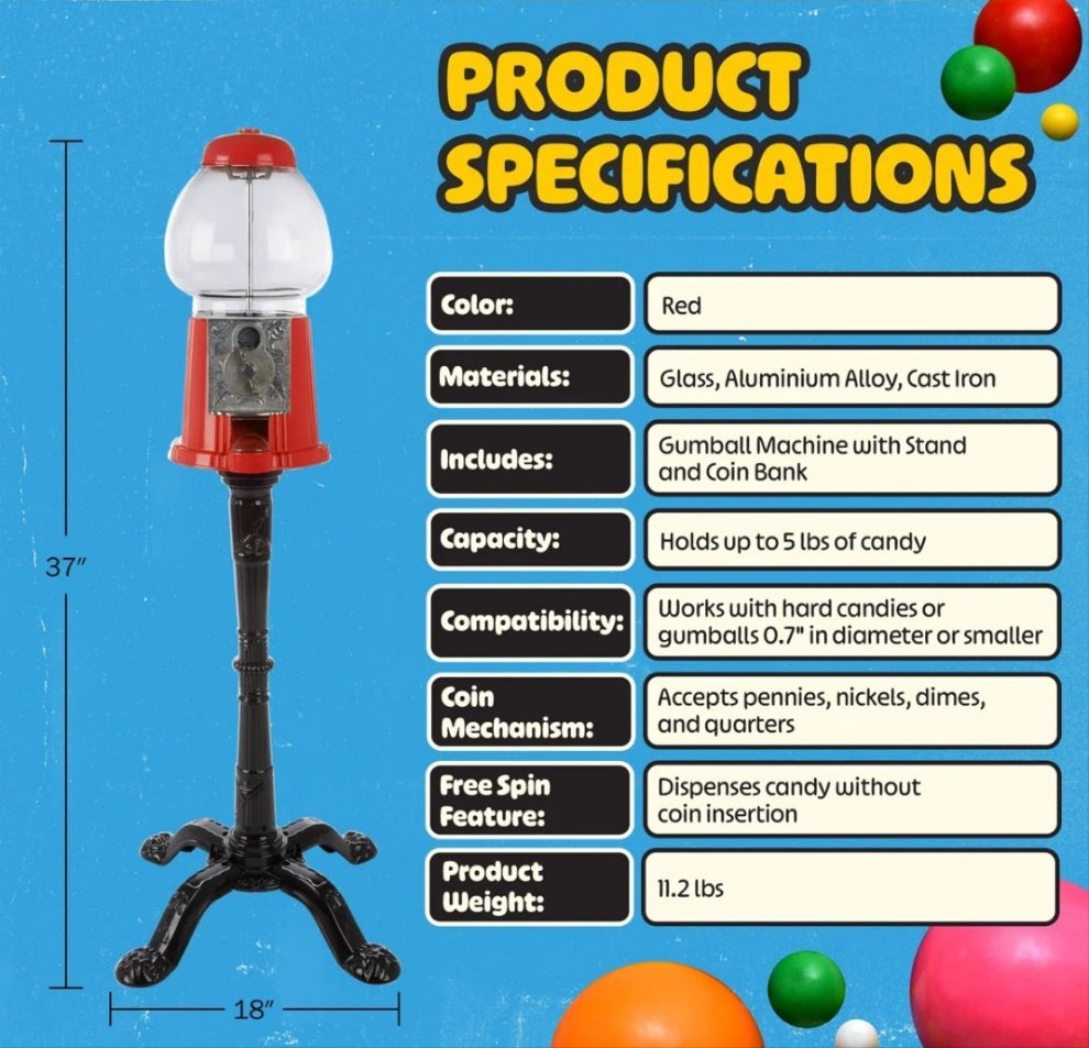 Bubble Gum Machine with Stand - Vintage Style Gum Ball Machine - Style Candy Dispenser Vending Machine with Glass Globe and Metal Base, Red Pink or Blue
