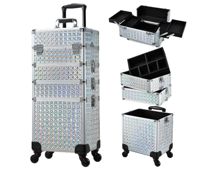 Rolling Makeup Train Case Large Storage Cosmetic Trolley 4 in 1 Large Capacity Trolley Makeup Travel Case with Key Swivel Wheels Salon Barber Case Traveling Cart Trunk