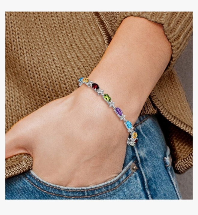 COCOMONEY 14k White Gold Rainbow Gemstone/Diamond Bracelet Fine Jewelry For Women Gifts For Her, 7"