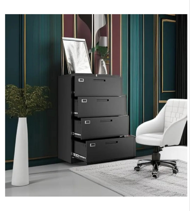 4 Drawer File Cabinet with Lock, Metal Lateral Filing Cabinet Wide Office Organization Storage for Home Office Hanging Letter/Legal/F4/A4 (White-Requires Installation