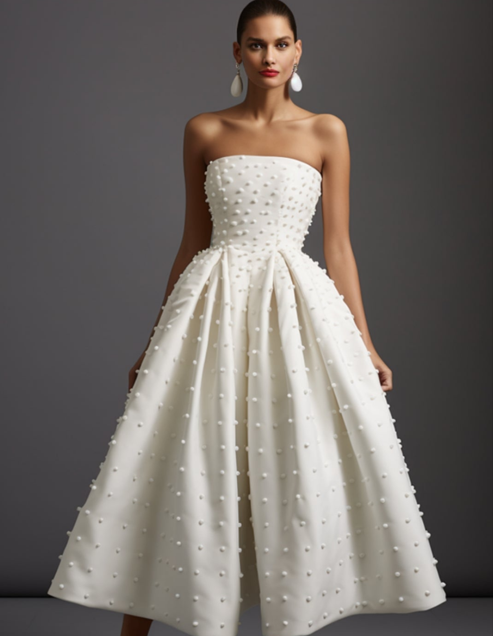 Wedding Strapless Bubble Beaded Tunic Midi Dress-White