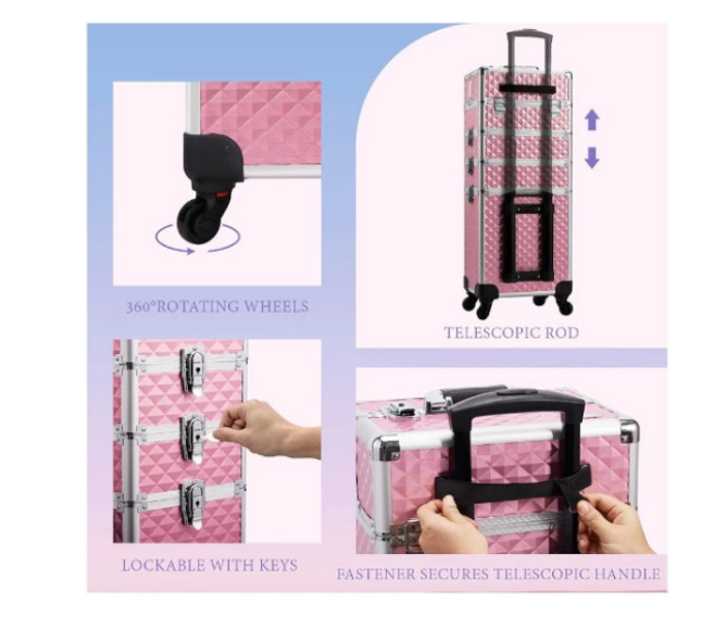 Rolling Makeup Train Case Large Storage Cosmetic Trolley 4 in 1 Large Capacity Trolley Makeup Travel Case with Key Swivel Wheels Salon Barber Case Traveling Cart Trunk
