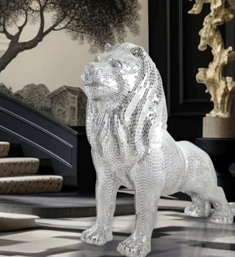 Silver Mirrored Lion Statue With mirrored Diamond Exterior