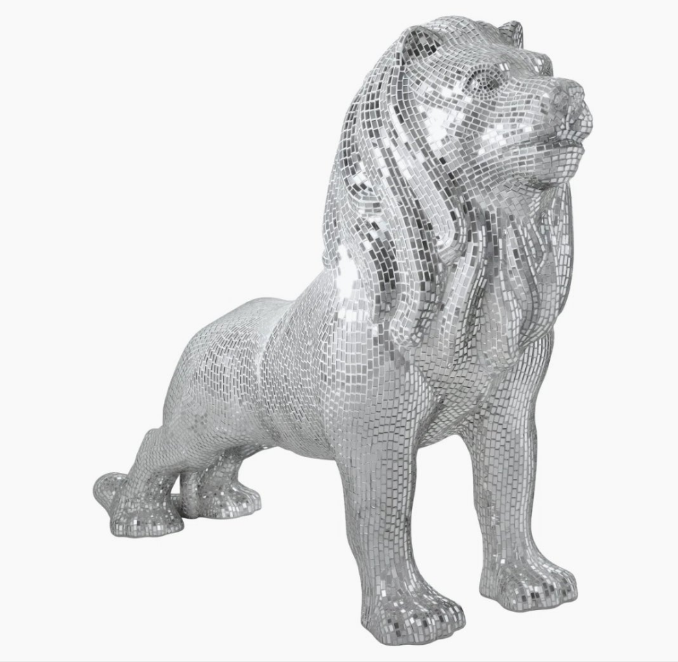 Silver Mirrored Lion Statue With mirrored Diamond Exterior