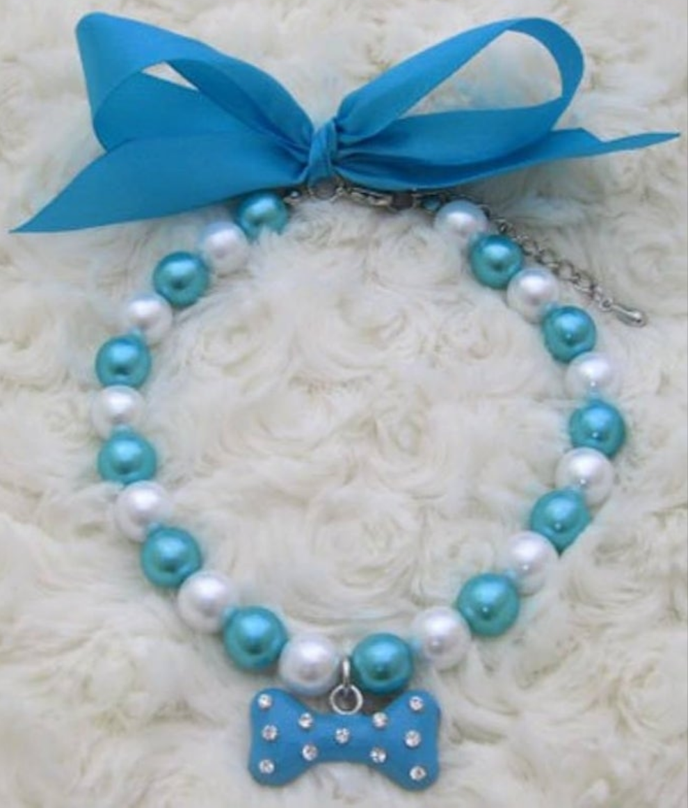 Fancy Diamond Dog Necklace Jewelry with Bling Pearls Rhinestones Bone Charm for Pets Cats Small Dogs Girl Teacup Chihuahua Yorkie Clothes Costume Outfits