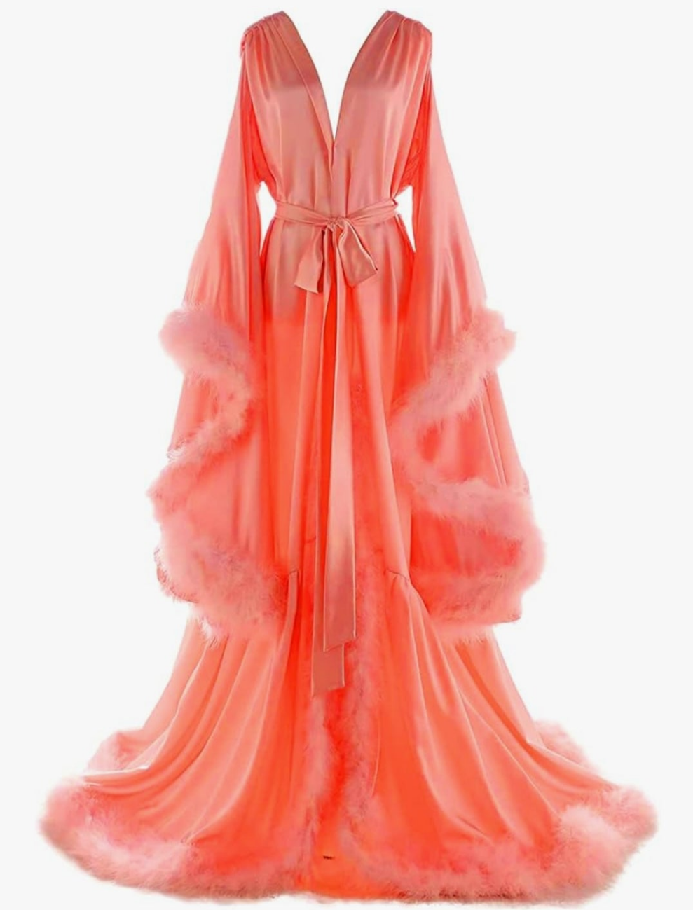 Silk Feather Bridal Robes Old Hollywood Photoshoot Nightgown Silk Bathrobe Long Lingerie COCOMONEY