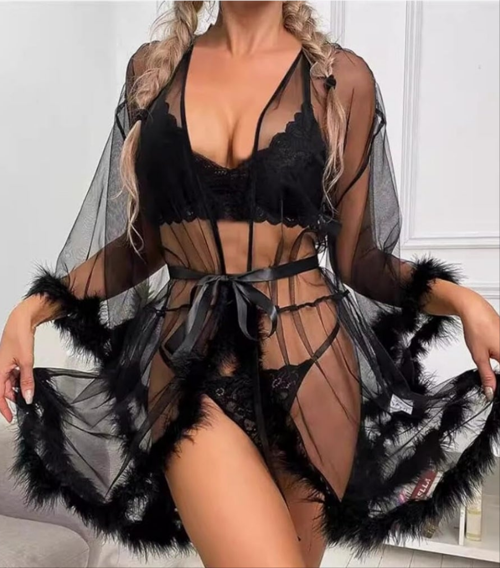 Sexy Tulle Feather Robe Sheer Mesh Fur Illusion Robe Nightgown Bridal Lingeries Gift Women Feather Trim Cocomoney