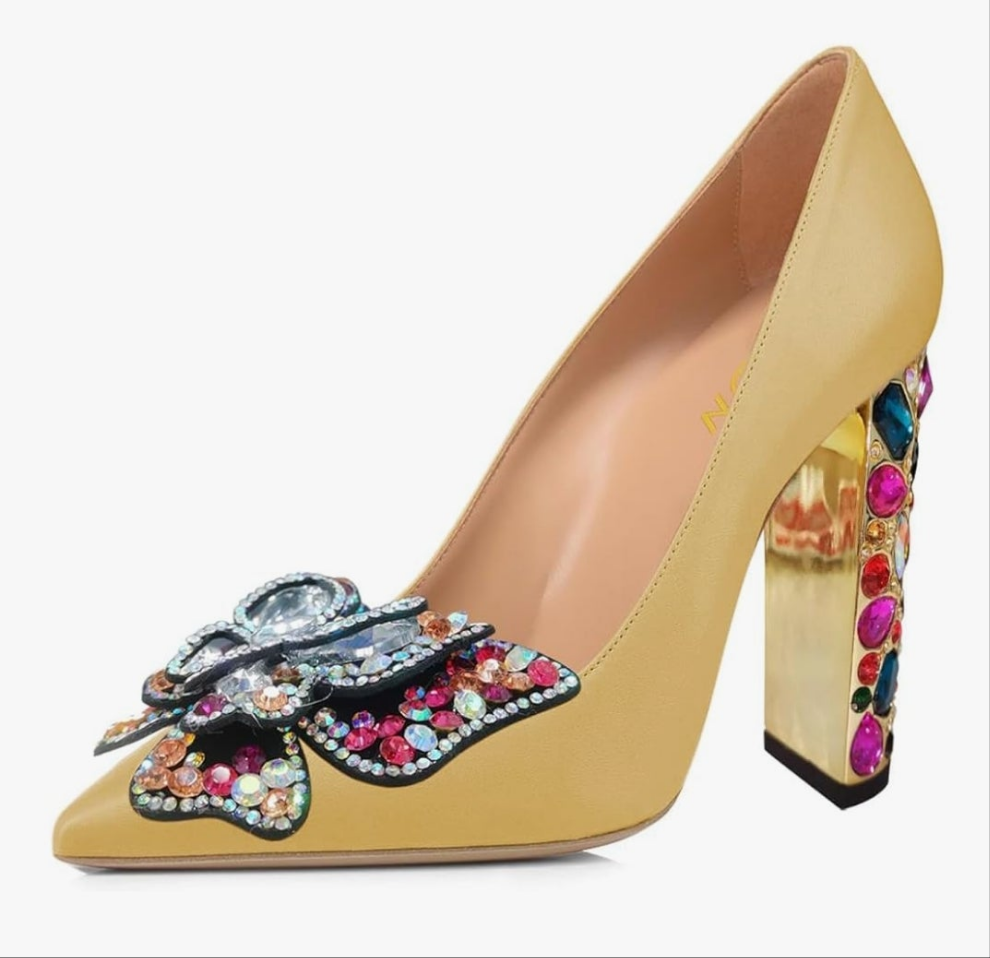 Women Bow Pump Butterfly Slip on Rhinestone Chunky High Heels Pointed Toe Studded Shoe