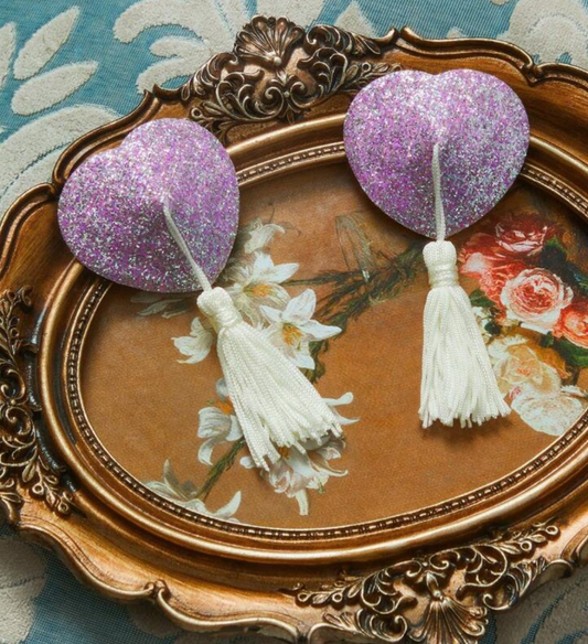 Purple Glitter Heart Shaped Tassel Pasty Decorative Accessory, Plus Size Lingerie
