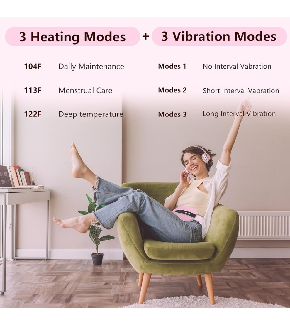 Portable Cordless Heating Pad, Heating Pad for Back Pain with 3 Heat Levels & 3 Vibration Massage Modes, Portable Electric Fast Heating Belly Wrap Belt for Women and Girl(Pink)