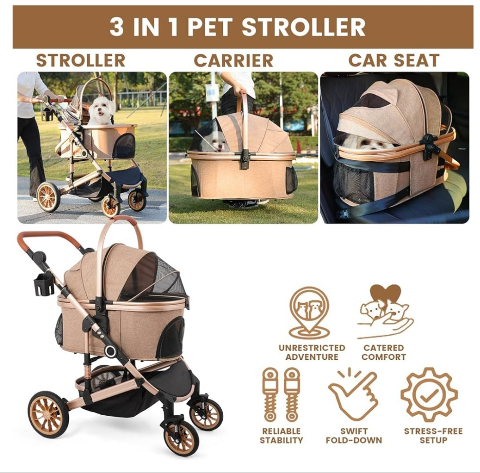 Pet Stroller with 4 Wheels, Foldable Pet Travel Carrier for Small/Medium Dogs Cats up to 50lbs, Detachble Portable Pet Bag, Storage Basket, Car Seat 3 in 1 Multifunctional