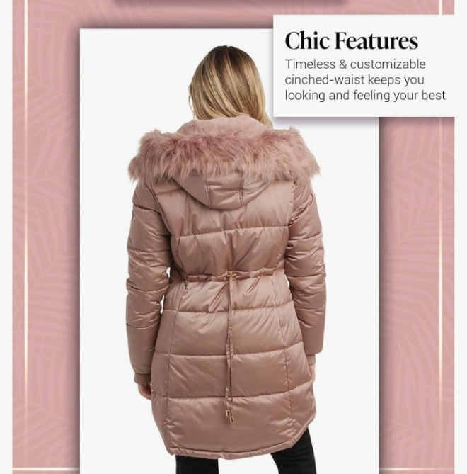 Women's Long Puffer Jacket - Quilted Winter Coat with Faux Fur Trim Hood - Insulated Coat fo
