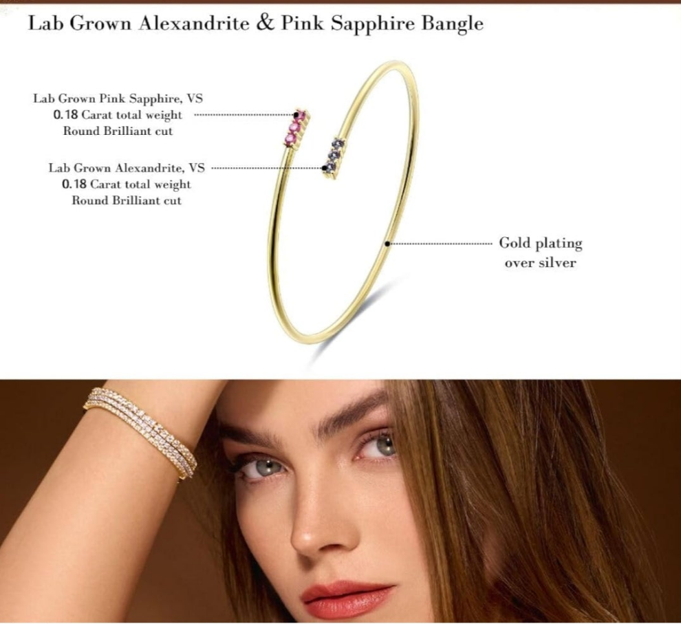 14K Yellow/White Gold Plated Silver Bracelet With Moissanite/Lab Grown Diamond/Lab Grown Pink Sapphire & Alexandrite, Bracelet For Women, Gift For Her Comes With Gift Box