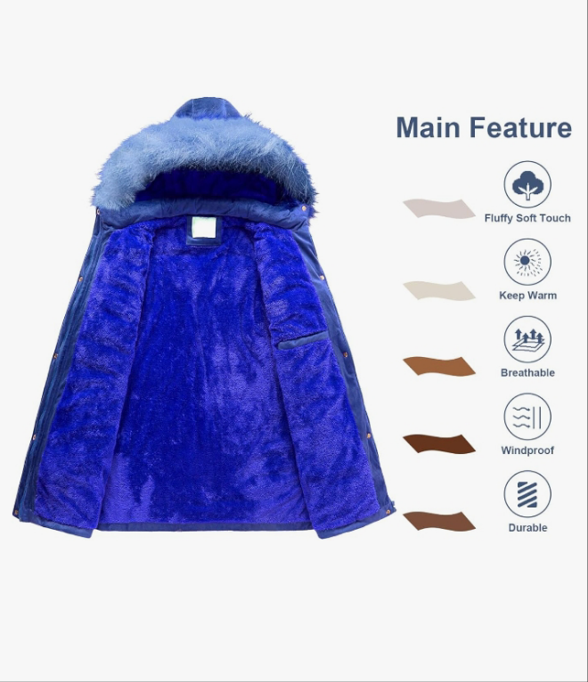 Warm Winter Coat Velvet Puffer Jacket Quilted Faux Fur Hood