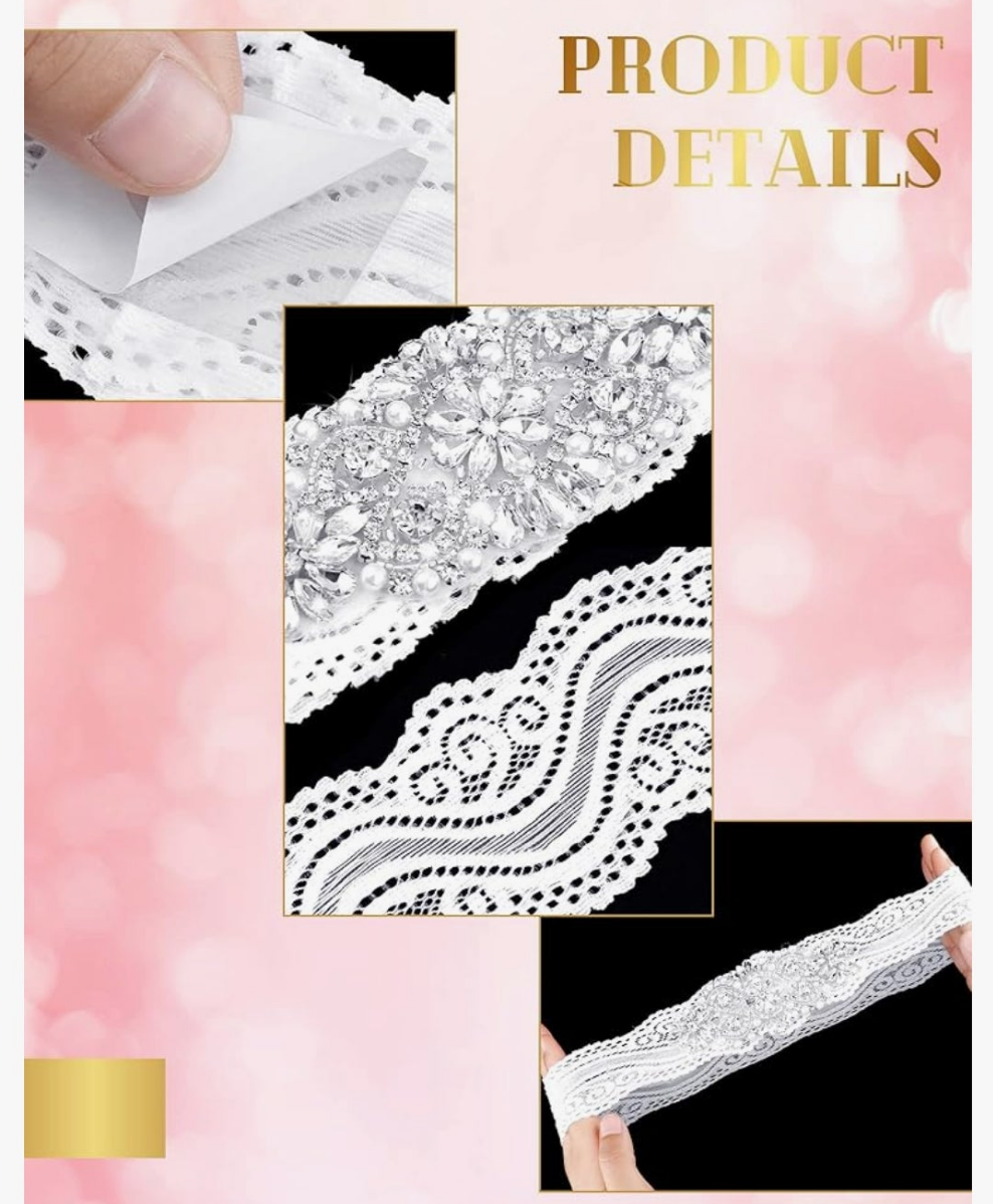 Stretch Lace Garter for Bride Wedding Bridal Leg Garter Set Non Slip Silicone Thigh with Rhinestones Crystal