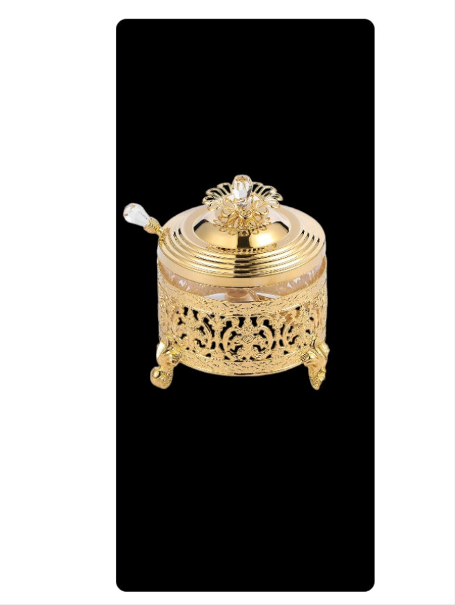 24K Gold Plated Sugar Bowl Honey Dish Glass Bowl - Detailed Intricate Design and Flower on Cover with Crystal Studded Spoon Great Gifts idea for Birthday, Mother's Day, Christmas, Anniversary etc